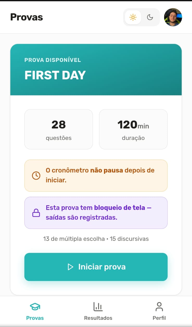 Tela de provas e atividades do aluno na plataforma